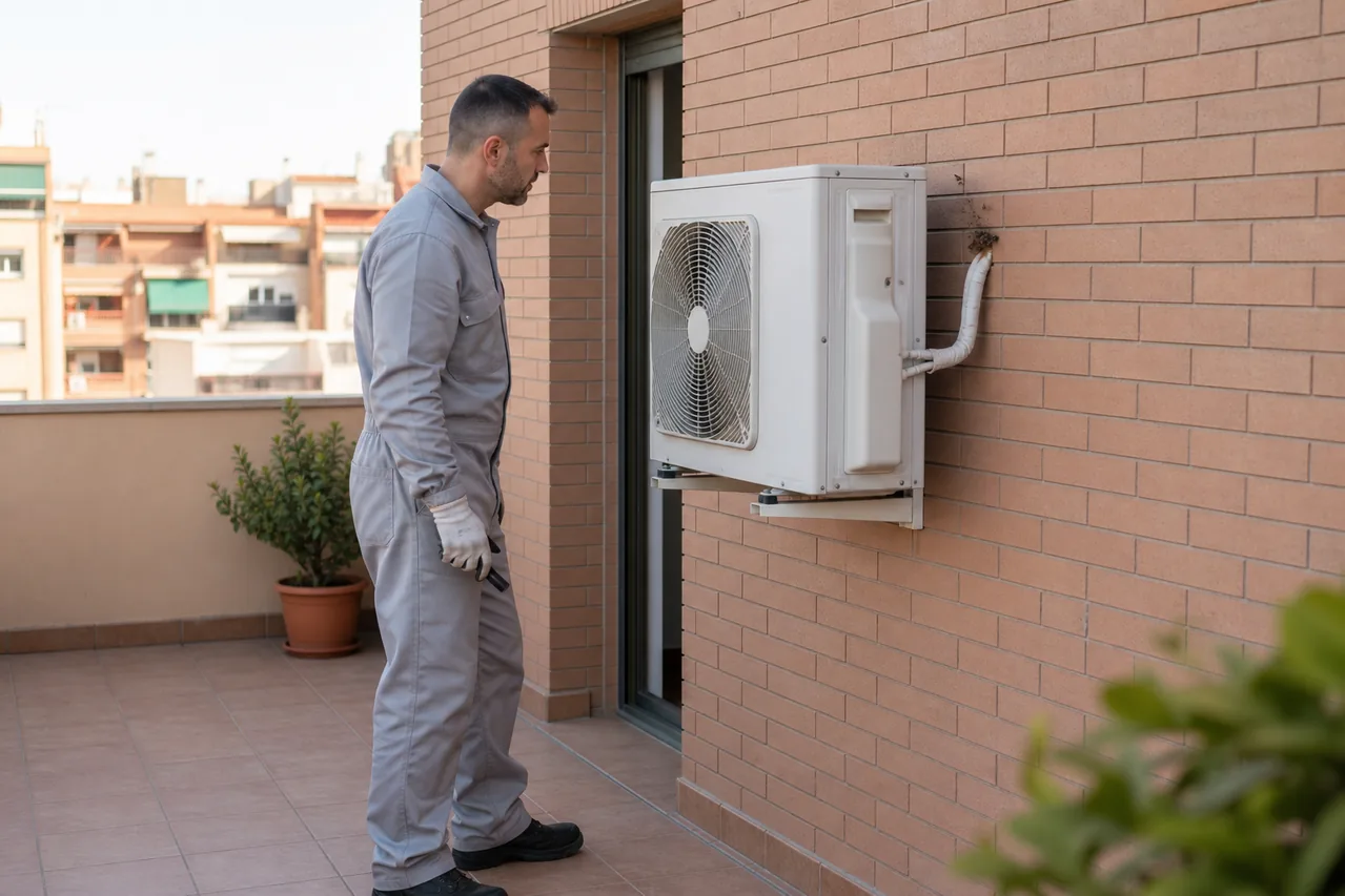 Técnico inspeccionando avispas junto a una unidad exterior de aire acondicionado en Terrassa